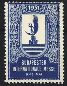 Reklamemarke Budapest, Internationale Messe 1931, Wappen mit Hermes, blau