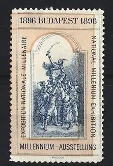 Reklamemarke Budapest, Millennium-Ausstellung 1896, triumphierende Kriegergruppe