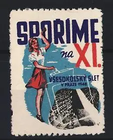 Reklamemarke Prag, Sokol-Treffen 1948, Mädchen und Schriftzug