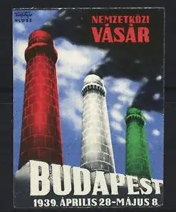 Reklamemarke Budapest, Nemzetközi Vásár 1939, Türme in Nationalfarben von Ungarn