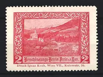 Reklamemarke Prein an der Rax, Verschönerungs-Verein, Landschaft mit Kirche