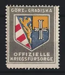 Reklamemarke Görz & Gradiska, Offizielle Kriegsfürsorge, Wappen mit Löwe und Kreuz