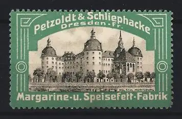 Reklamemarke Dresden, Petzoldt & Schliephacke, Margarine-u. Speisefett-Fabrik, Gebäudeansicht
