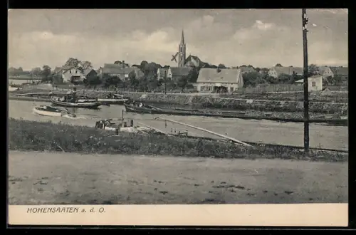 AK Hohensaaten a. d. O., Uferpartie mit Kirche