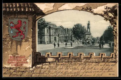 Grusskarten-AK Düsseldorf, Alleestrasse mit Bismarckdenkmal und Theater, Burg, Wappen