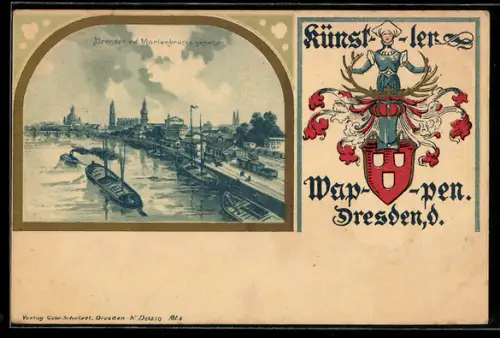 Passepartout-Lithographie Dresden, Teilansicht von der Marienbrücke gesehen, Wappen