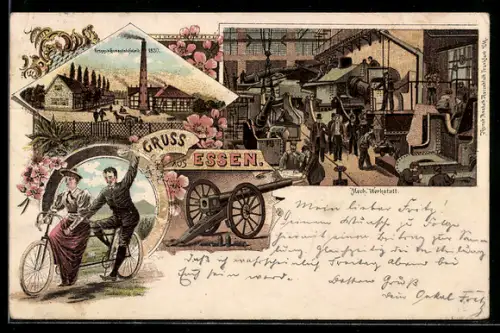 Lithographie Essen, Gussstahlfabrik Krupp 1830, Inneres Mechanische Werkstatt, Paar auf Tandem