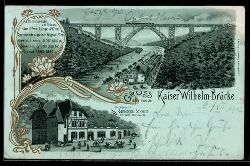 Lithographie Müngsten, Restaurant Bergische Schweiz, Kaiser Wilhelm-Brücke