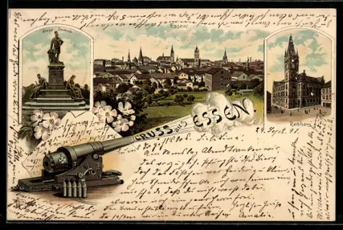 Lithographie Essen, Teilansicht, Rathaus, Krupp-Denkmal