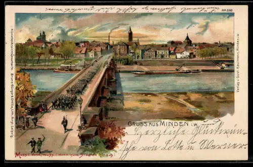 Lithographie Minden / Westf., Partie im Ort am Fluss