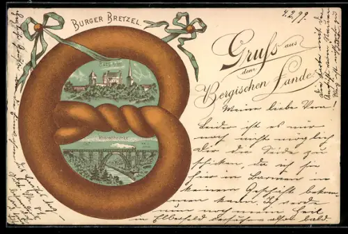 Passepartout-Lithographie Solingen, Burg und Riesenbrücke mit Burger Bretzel