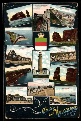 AK Helgoland, Dreizehn Ansichten des Ortes mit Wappen