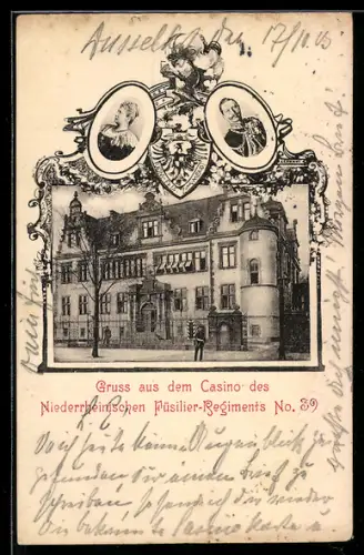 AK Düsseldorf, Casino des Niederrheinischen Füsilier-Regiments No. 39, Kaiser Wilhelm II., Wappen
