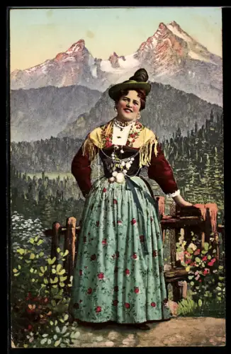 AK Frau in bayerischer Tracht vor den Alpen