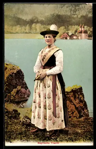 AK Dame in bayerischer Tracht am See