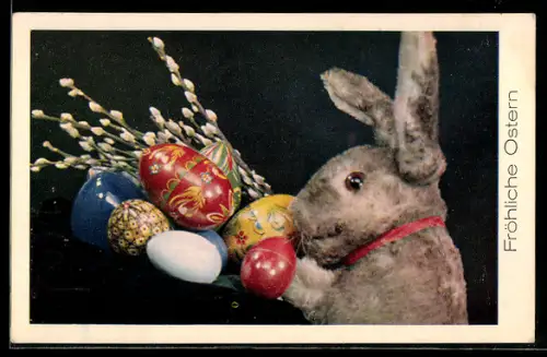 AK Osterhase mit bemalten Eiern