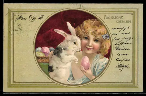 AK Osterhase mit einem Mädchen