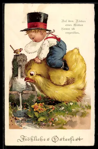 AK Kind reitet auf einem Osterküken
