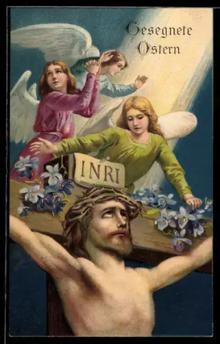 Präge-AK Jesus Christus am Kreuze mit Osterengeln über ihm