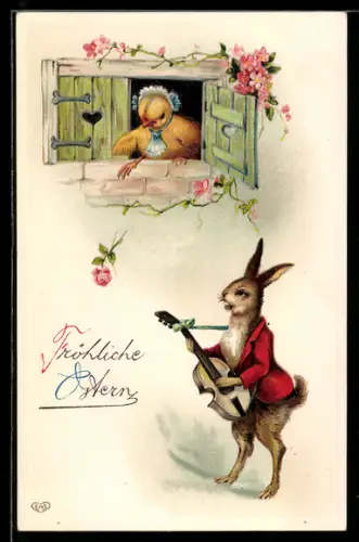 AK Osterhase mit Violine vor einem Fenster mit grimmigem Küken
