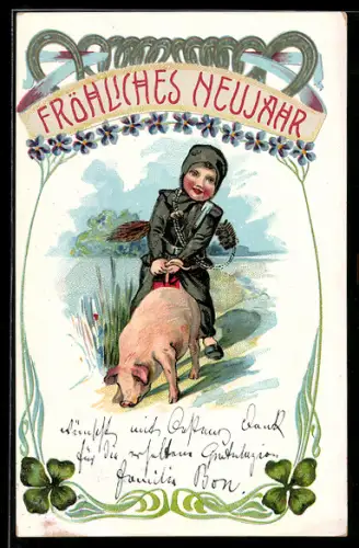AK Schornsteinfeger reitet auf einem Glücksschwein, Neujahrsgruss