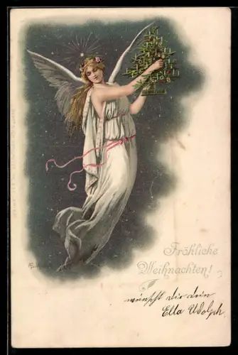 Lithographie Weihnachtsengel, der festlich geschmückte Weihnachtsbaum in den Händen des Engels