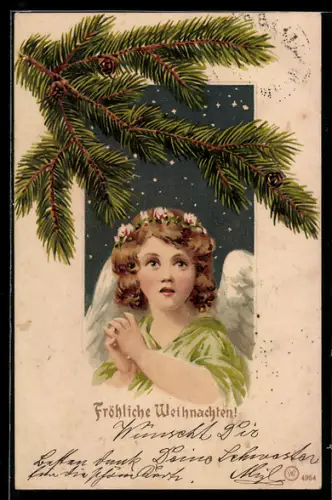 AK Weihnachtsengel mit Heiligenschein, Tannenzweig