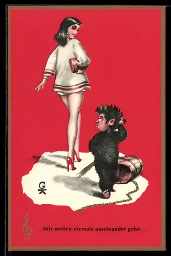 AK Kleiner Krampus und verführerische Frau