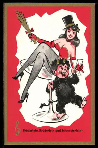 AK Krampus neben einer hübschen Frau in einem Champagnerglas