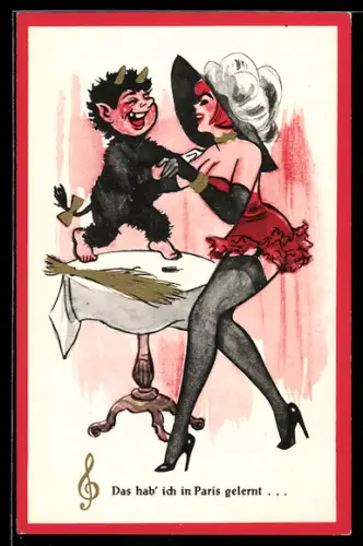 AK Krampus tanzt mit einer hübschen Frau