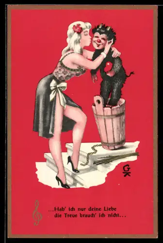 AK Sexy Frau küsst den kleinen Krampus