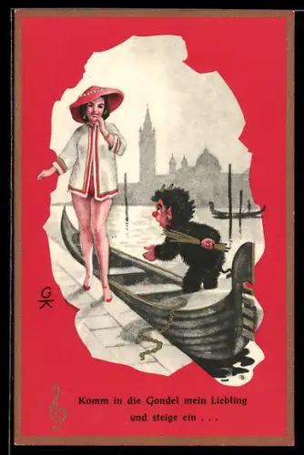 AK Krampus bittet eine Dame in die Gondel, Komm in die Gondel mein Liebling...