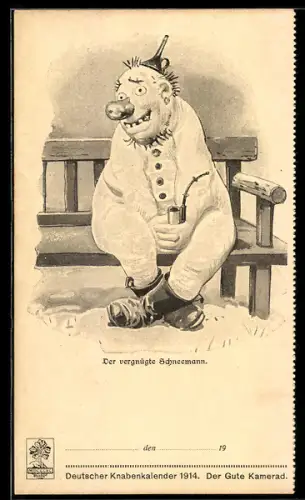 AK Schneemann mit Pfeife sitzt auf einer Bank