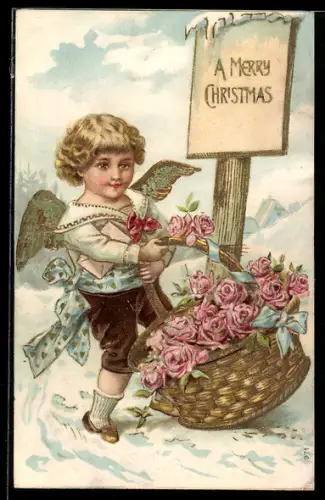 AK Weihnachtsengel mit einem Korb voller Rosen