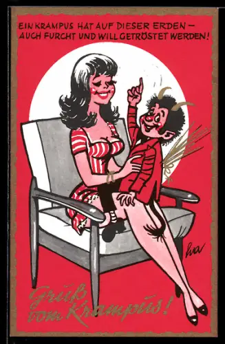 AK Hübsche Dame mit Krampus auf dem Schoss