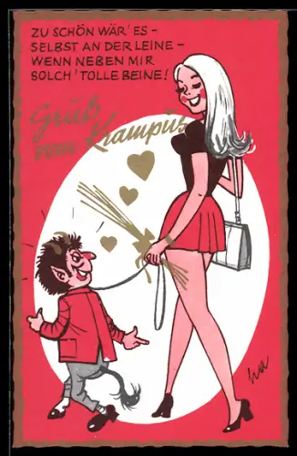 AK Zu schön wär` es..., Hübsche Dame führt Krampus an der Leine