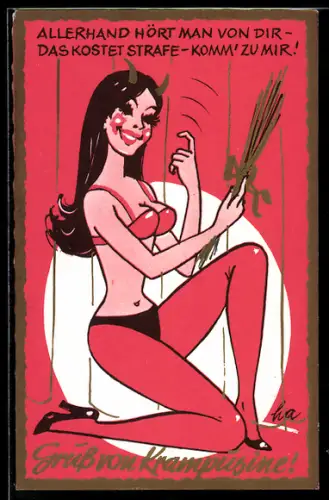 Künstler-AK Frau im sexy Krampus-Kostüm mit Rute