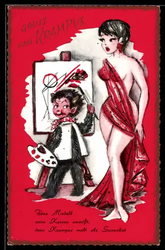 AK Weibliches Modell wundert sich über fehlende Kurven auf der Zeichentafel des sie malenden Surrealisten Krampus