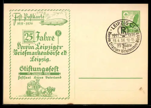 AK Leipzig, Leipzig, 25 Jahre Verein Leipziger Briefmarkenbörse e.V 1936, Zeppelin u. Postkutsche, , Ganzsache