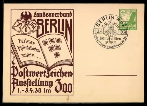 AK Berlin, Postwertzeichen-Ausstellung 1938, Wappen und Sammelalbum, , Ganzsache