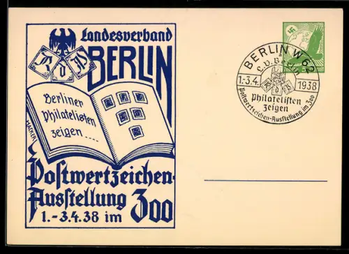 AK Berlin, Postwertzeichen-Ausstellung 1938 im Zoo, Briefmarkenalbum, , Ganzsache