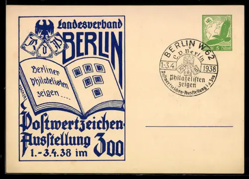AK Ganzsache PP142 C28 /01: Berlin, Postwertzeichen-Ausstellung 1938 im Zoo, Briefmarkenalbum, 