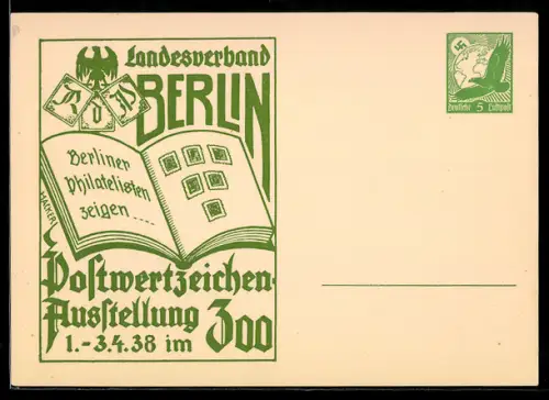 AK Berlin, Postwertzeichen-Ausstellung 1938 im Zoo, Briefmarkenalbum, , Ganzsache
