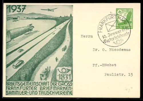 AK Frankfurt, Briefmarken-Sammler und Tauschvereine 1937, Reichsautobahn, Zeppelin und Flugzeug, , Ganzsache