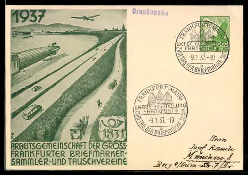 AK Frankfurt, Briefmarken-Sammler und Tauschvereine 1937, Reichsautobahn, Zeppelin und Flugzeug, , Ganzsache