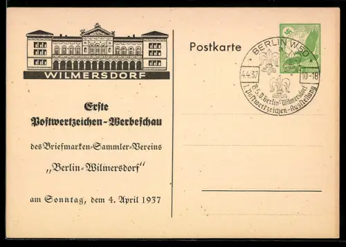 AK Berlin-Wilmersdorf, Erste Postwertzeichen-Werbeschau am 4.4.1937, Ganzsache