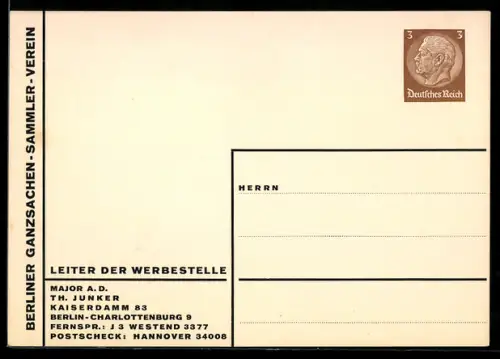 AK Berlin-Charlottenburg, Berliner Ganzsachen-Sammler-Verein, Kaiserdamm 83, Major a.D. Th. Junker