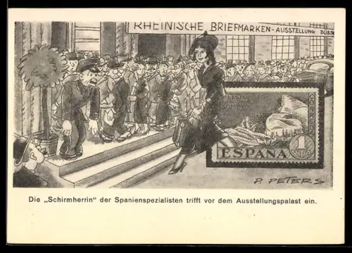 AK Düsseldorf, Rheinische Briefmarken-Ausstellung, 1936, Schirmherrin der Spanienspezialisten, Ganzsache
