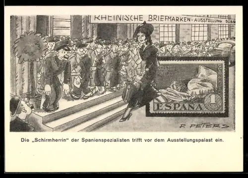 AK Ganzsache PP 107: Düsseldorf, Rheinische Briefmarken-Ausstellung, 1936, Schirmherrin der Spanienspezialisten