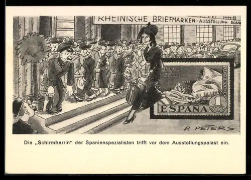 AK Ganzsache PP 107: Düsseldorf, Rheinische Briefmarken-Ausstellung, 1936, Schirmherrin der Spanienspezialisten